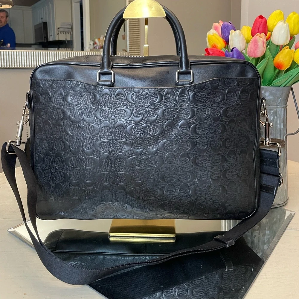 Coach Black Embossed Signature Leather Laptop Bag